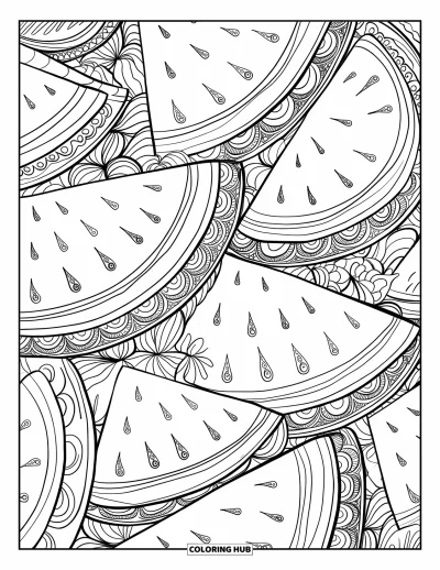 Coloriage Pastèque pour adultes : Un motif de pastèque d'inspiration zentangle avec des vignes tourbillonnantes et des tranches de pastèque qui se chevauchent