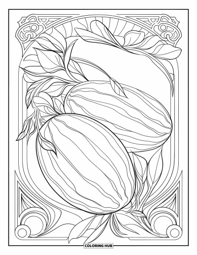 Coloriage Pastèque pour adultes : Une pastèque de style Art Nouveau avec des lignes fluides élégantes, des feuilles et des bordures ornées