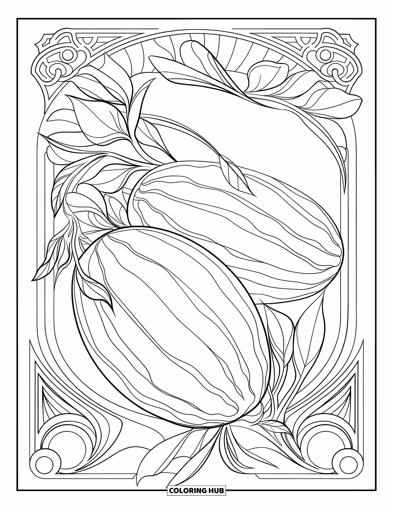 Watermelon Coloring Page for Adults: An Art Nouveau-style watermelon with elegant flowing lines, leaves, and ornate borders