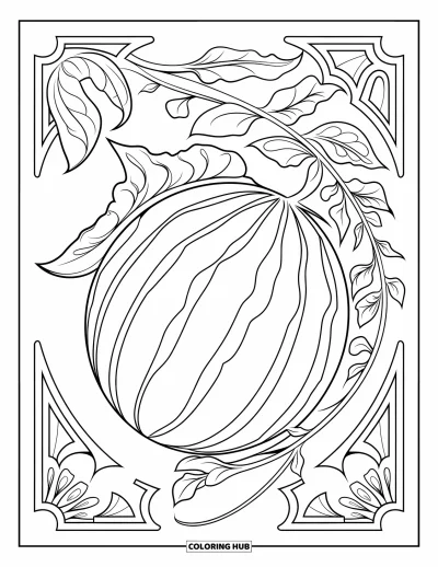 Coloriage Pastèque pour adultes : Une illustration de pastèque élégante avec des détails floraux et des vignes ornementales fluides