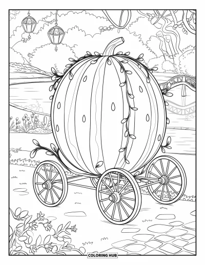Coloriage Pastèque pour adultes : Une calèche pastèque enchantée avec des guirlandes lumineuses et des éléments magiques dans un paysage de rêve