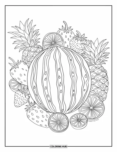 Coloriage Pastèque pour adultes : Une pastèque aux motifs complexes aux côtés de fruits tropicaux magnifiquement conçus