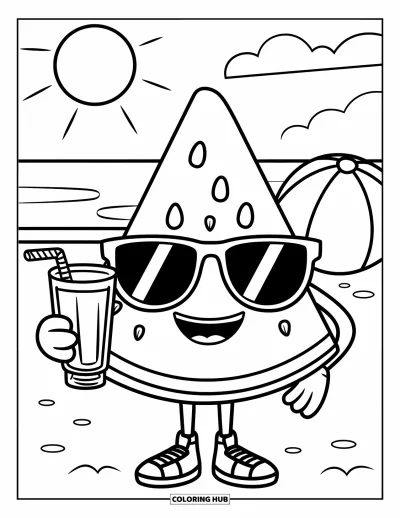 Coloriage Pastèque pour enfants : Un personnage de tranche de pastèque joyeux profite d'une journée ensoleillée à la plage avec un ballon de plage à proximité
