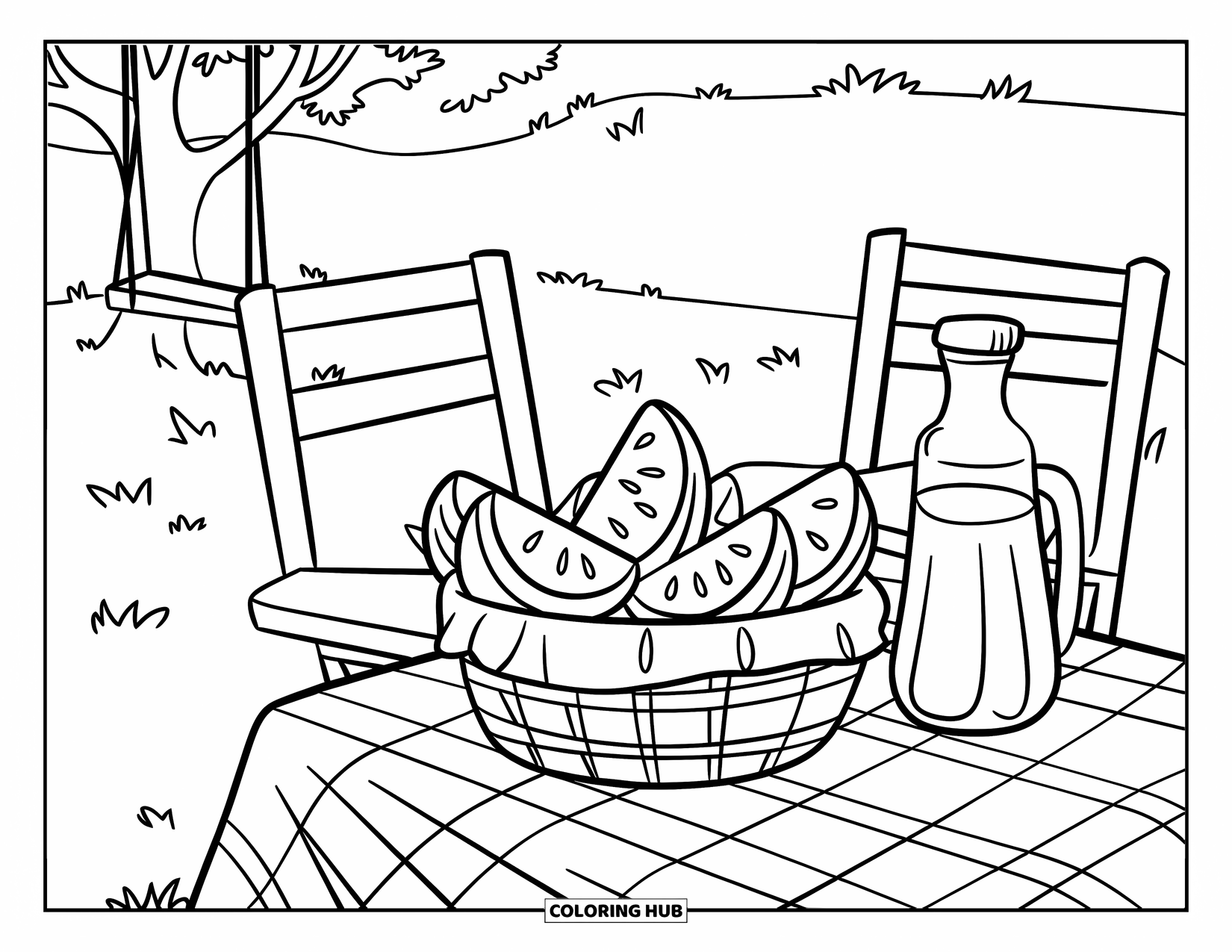 Watermelon Coloring Page for Kids: A cozy picnic scene with a basket of watermelon slices, a juice jug, and a tree swing