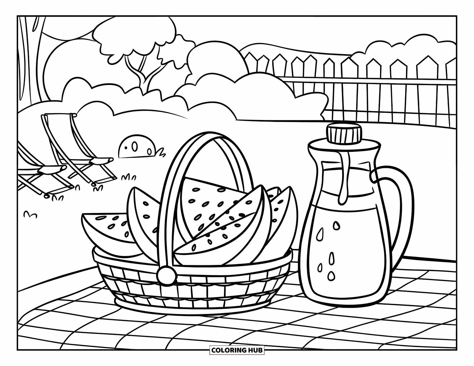 Watermelon Coloring Page for Kids: A cute picnic setting with watermelon slices, a juice jug, a table, and a wooden fence nearby