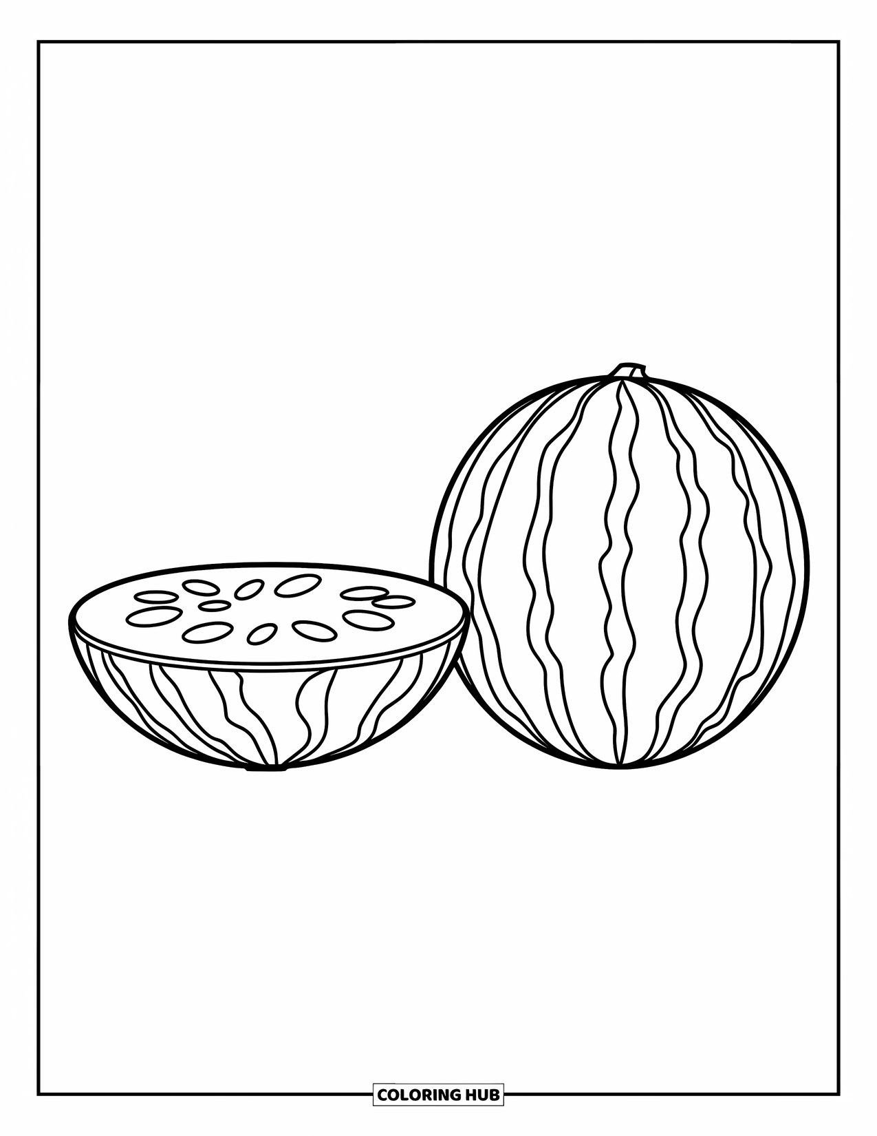Watermelon Coloring Page for Kids: A duo of watermelons, one whole and one sliced open, with bold patterns on their rinds