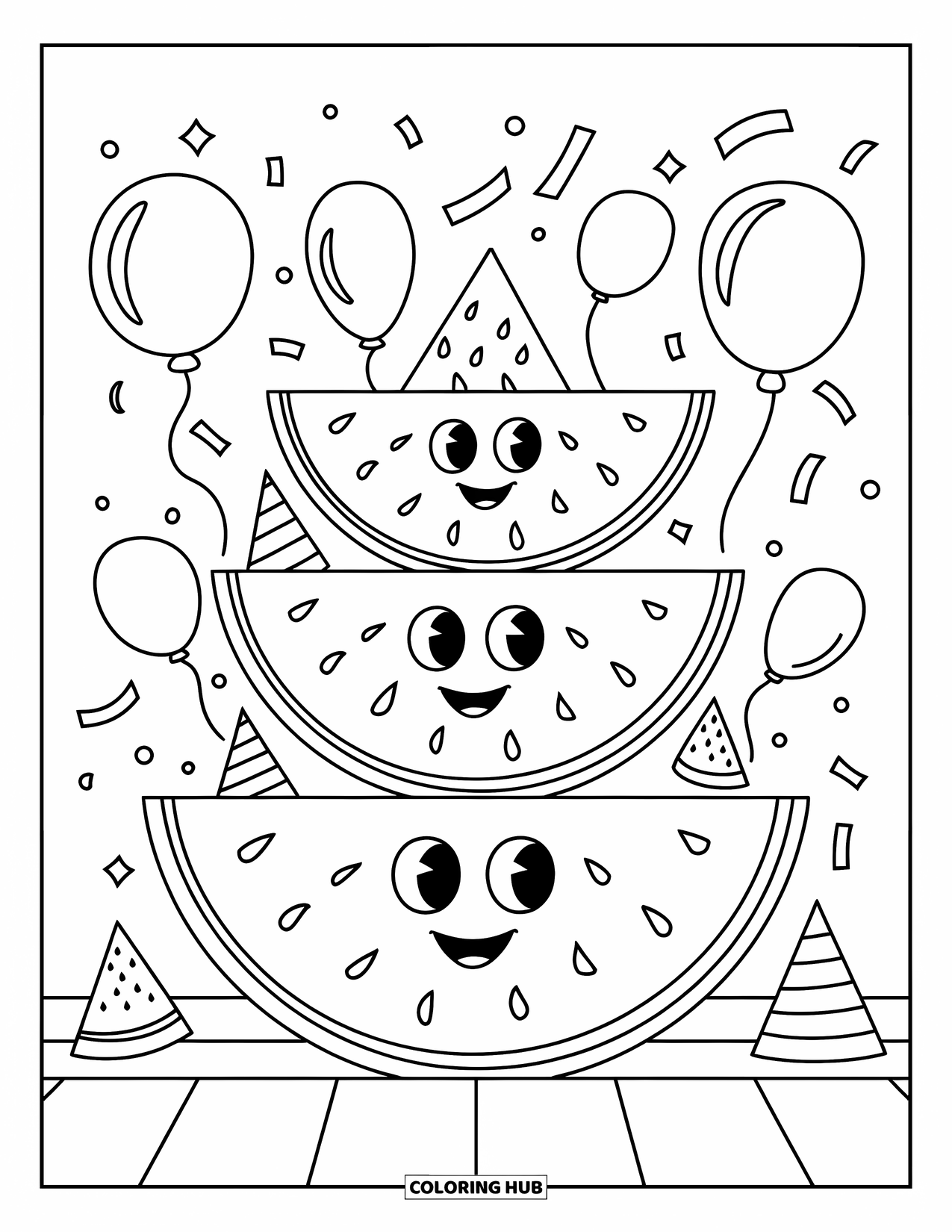Watermelon Coloring Page for Kids: A fun watermelon party with three cheerful watermelon slices, confetti, and balloons