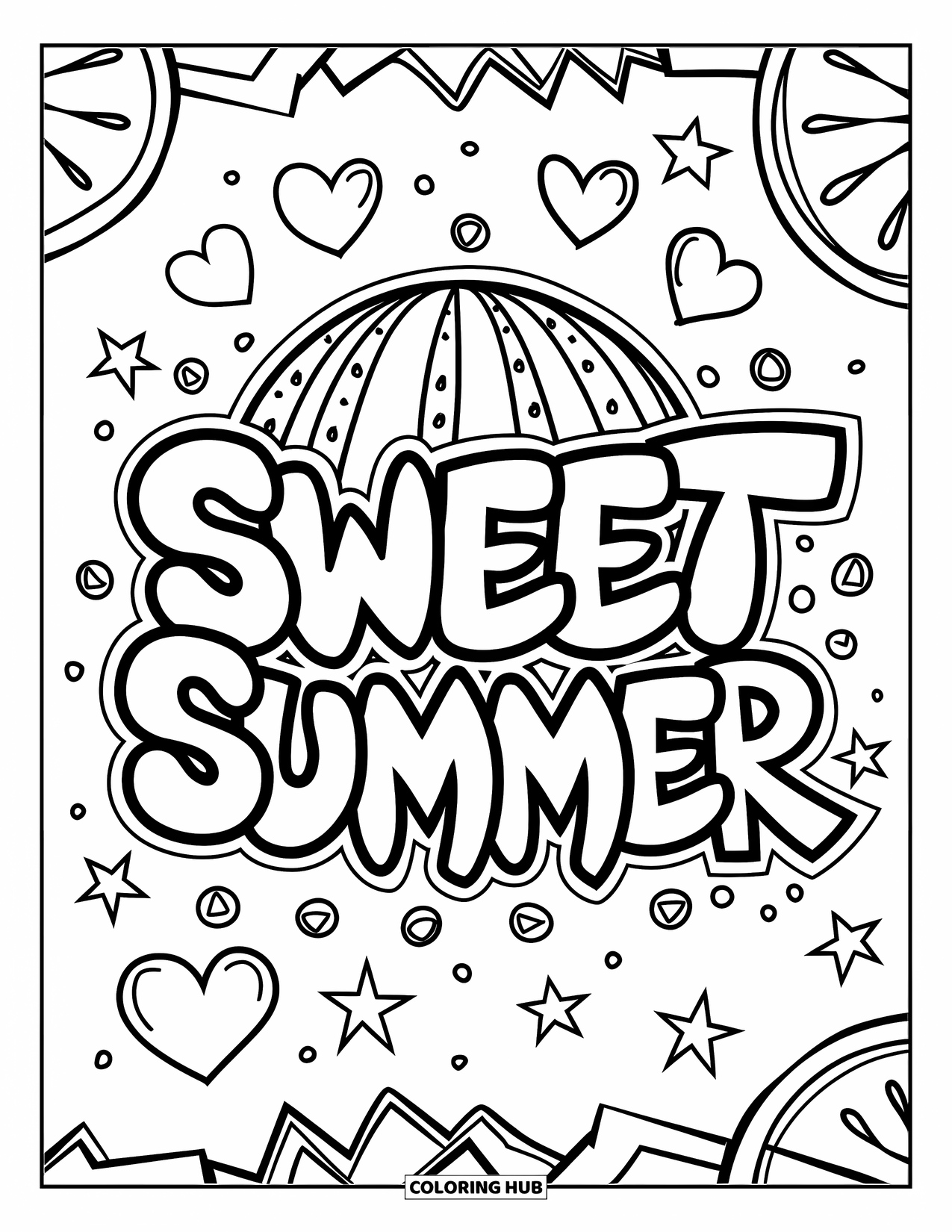 Watermelon Coloring Page for Kids: A graffiti-style watermelon with a dotted pattern, stars, hearts, and the phrase "Sweet Summer