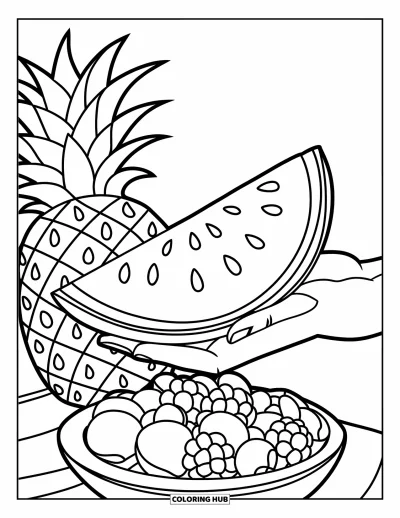 Coloriage de pastèque pour enfants : Une main tenant une tranche de pastèque, avec un ananas et des baies sur un fond simple et épuré