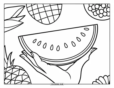 Coloriage Pastèque pour enfants : Une main tient une tranche de pastèque, entourée de fruits d'été, avec un arrière-plan épuré