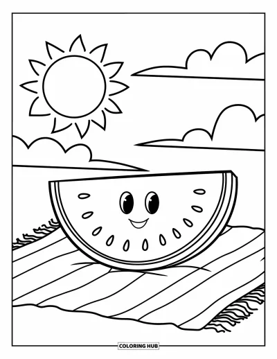 Coloriage Pastèque pour enfants : Une tranche de pastèque joyeuse assise sur une couverture de pique-nique avec un soleil brillant et des nuages moelleux au-dessus
