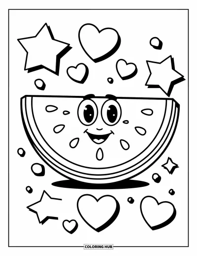 Coloriage Pastèque pour enfants : Une tranche de pastèque joyeuse avec de grands yeux audacieux, entourée d'étoiles et de cœurs