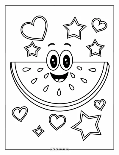 Coloriage de pastèque pour enfants : Une tranche de pastèque joyeuse avec un visage rigolo, entourée d'étoiles et de cœurs dans un design ludique