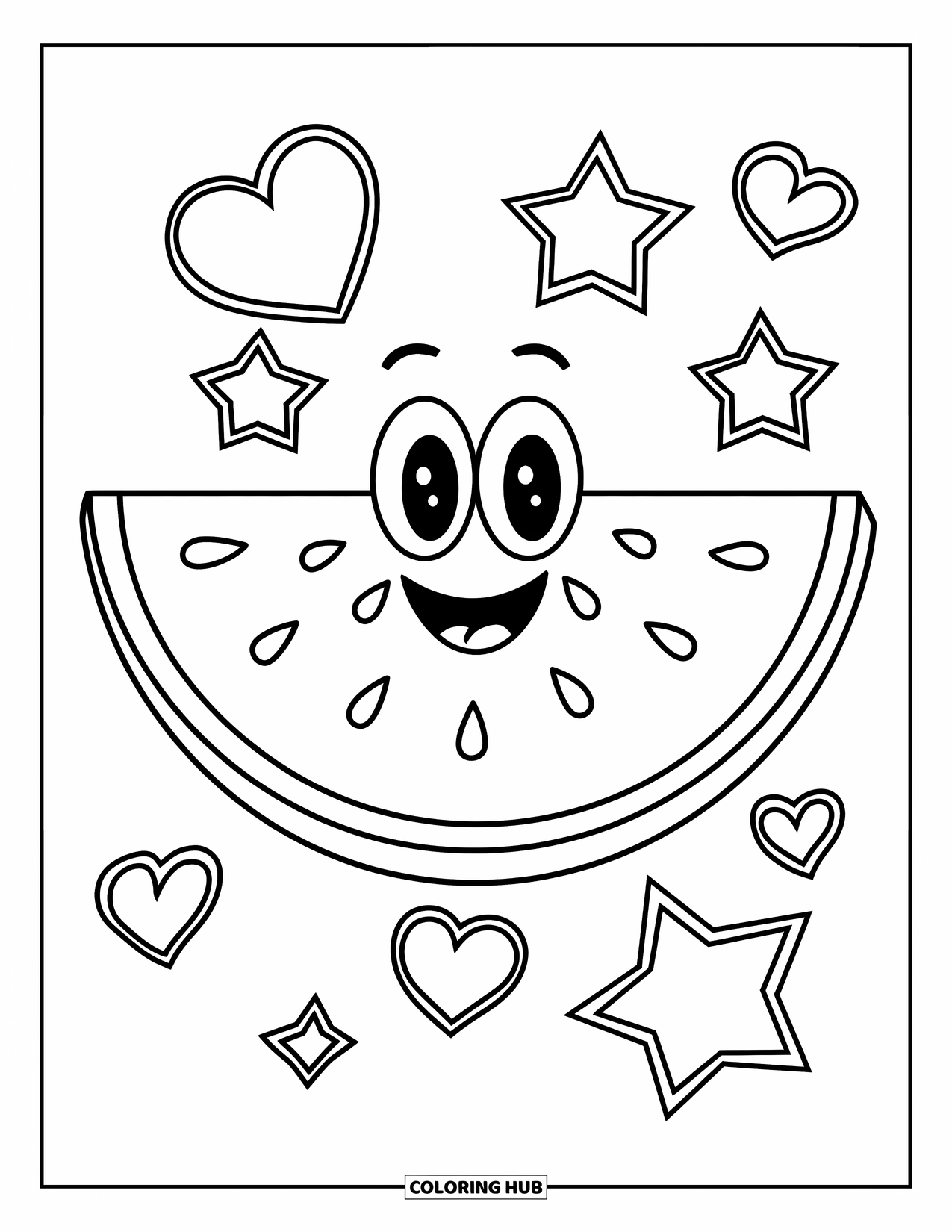 Watermelon Coloring Page for Kids: A joyful watermelon slice with a cute face, surrounded by stars and hearts in a playful design