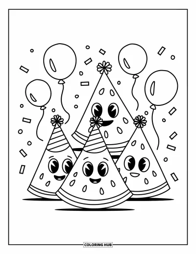 Coloriage de pastèque pour enfants : Une fête animée avec des tranches de pastèque souriantes coiffées de chapeaux de fête, entourées de ballons