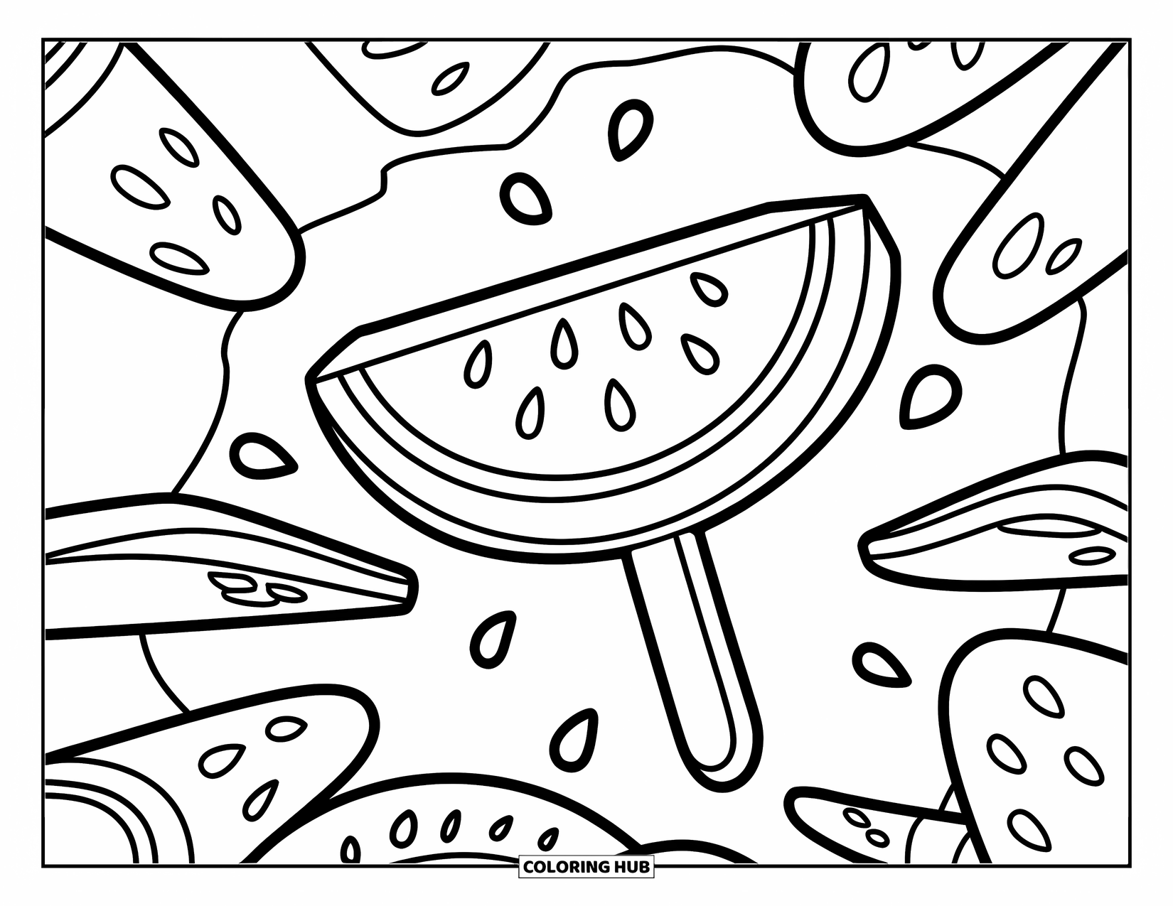 Watermelon Coloring Page for Kids: A playful watermelon slice popsicle with a green rind and seeds, perfect for kids