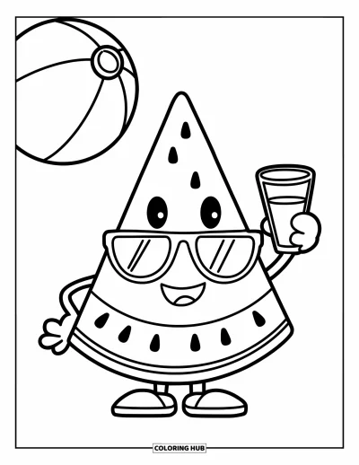 Coloriage Pastèque pour enfants : Un personnage de tranche de pastèque souriant avec des lunettes de soleil et du jus, sur fond de plage