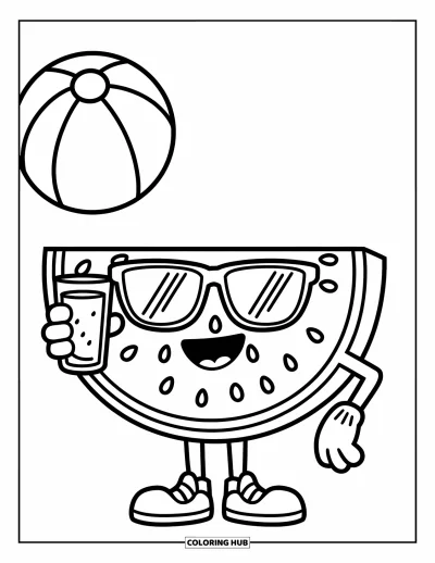 Coloriage Pastèque pour enfants : Un personnage de tranche de pastèque souriant avec des lunettes de soleil et du jus, avec un ballon de plage en arrière-plan