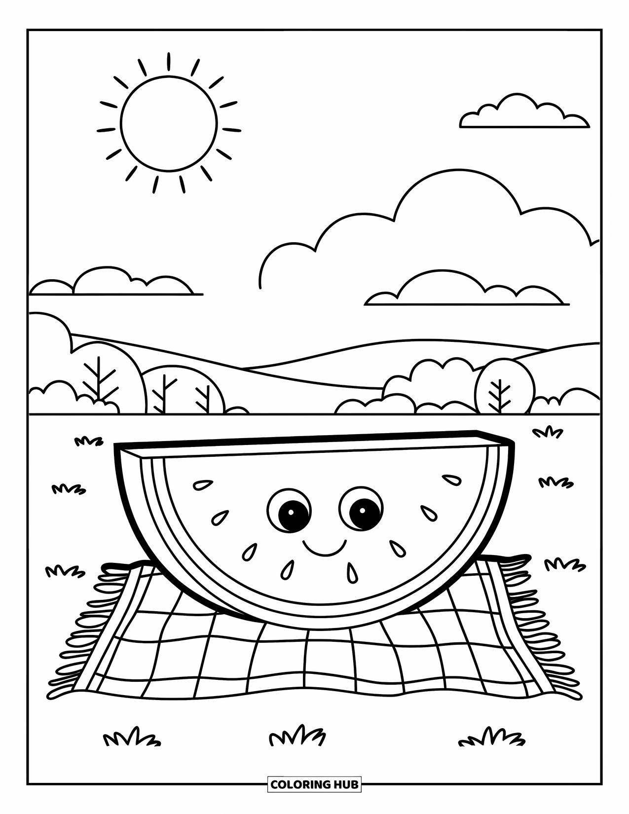 Watermelon Coloring Page for Kids: A smiling watermelon slice on a picnic blanket with rolling hills and trees in the background
