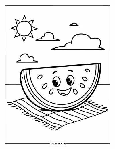 Coloriage Pastèque pour enfants : Une tranche de pastèque souriante assise sur une couverture de pique-nique, avec un soleil et des nuages moelleux au-dessus
