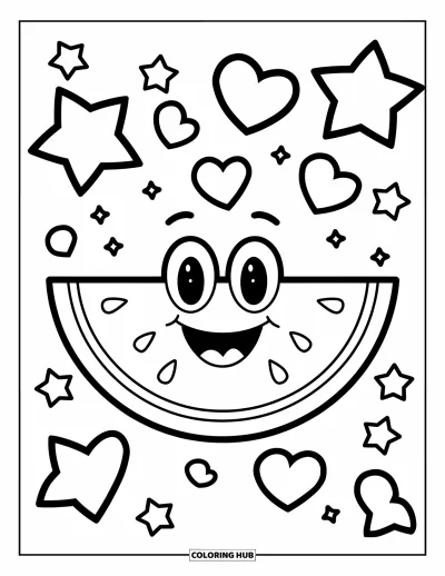 Coloriage Pastèque pour enfants : Une tranche de pastèque souriante avec de grands yeux, entourée d'étoiles et de cœurs ludiques