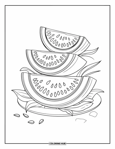 Coloriage Pastèque pour enfants : Une pile de tranches de pastèque sur une assiette, entourée de feuilles et de graines éparpillées