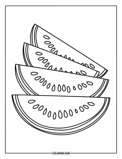 Coloriage Pastèque pour enfants : Une pile de tranches de pastèque avec des contours audacieux, disposées dans une composition accrocheuse