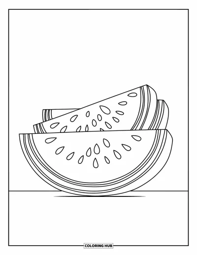 Coloriage Pastèque pour enfants : Une pile de tranches de pastèque avec des écorces et des graines détaillées, disposées selon un angle artistique
