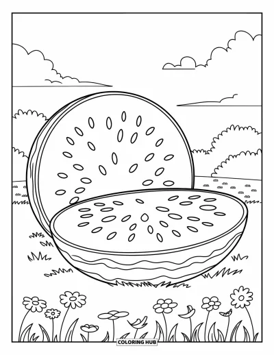 Coloriage Pastèque pour enfants : Une pastèque coupée en deux est posée dans un champ herbeux, entourée de fleurs et d'un ciel dégagé