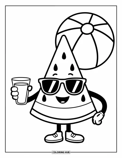 Coloriage de pastèque pour enfants : Un personnage en tranche de pastèque portant des lunettes de soleil et tenant un jus, avec un ballon de plage à côté