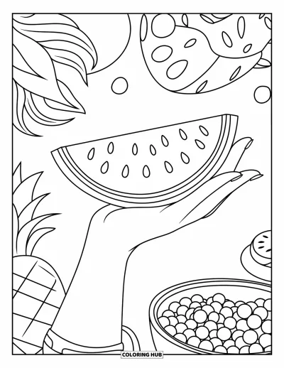 Coloriage Pastèque pour enfants : Une tranche de pastèque est tenue par une main, entourée d'un ananas, de baies et d'un arrière-plan simple