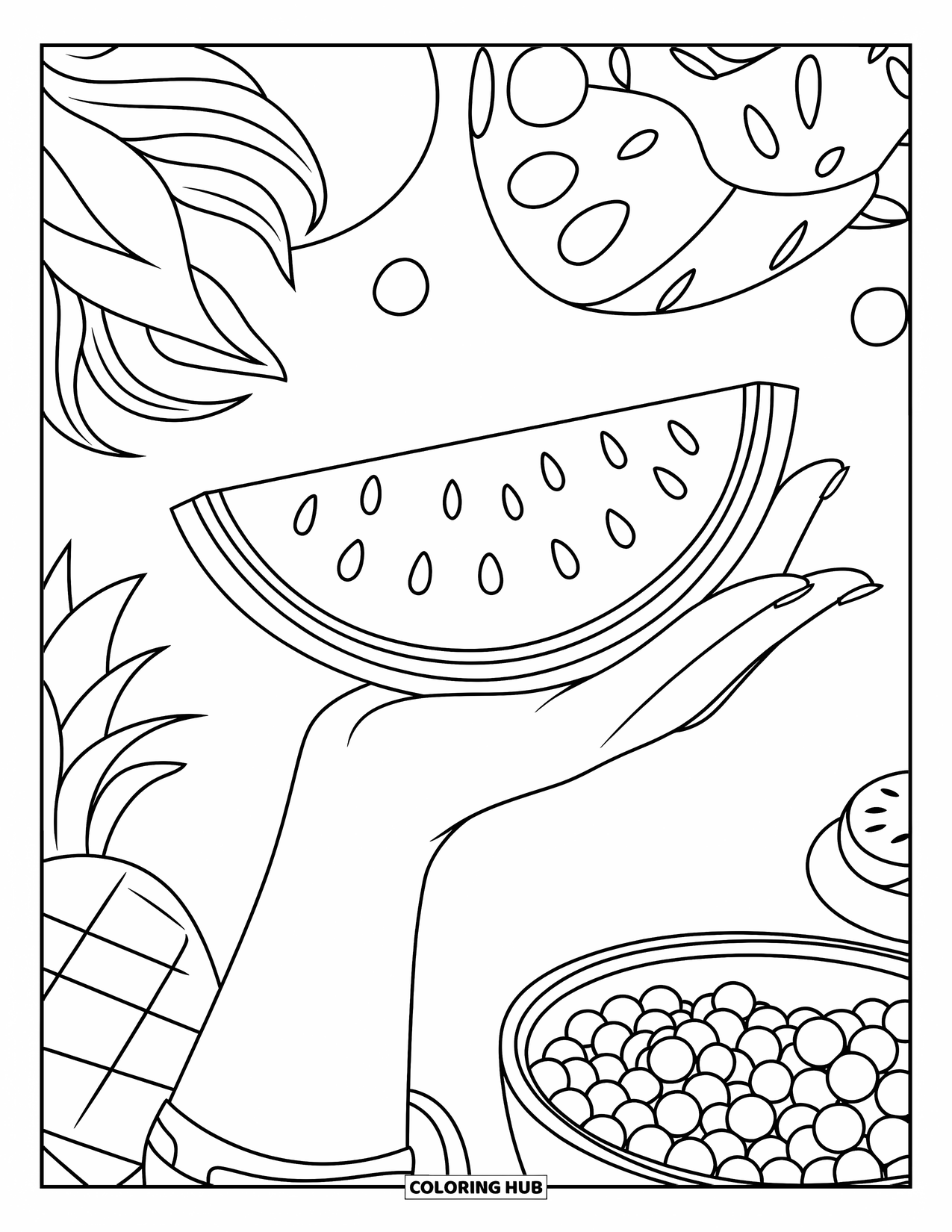 Watermelon Coloring Page for Kids: A watermelon slice is held by a hand, surrounded by a pineapple, berries, and a simple background
