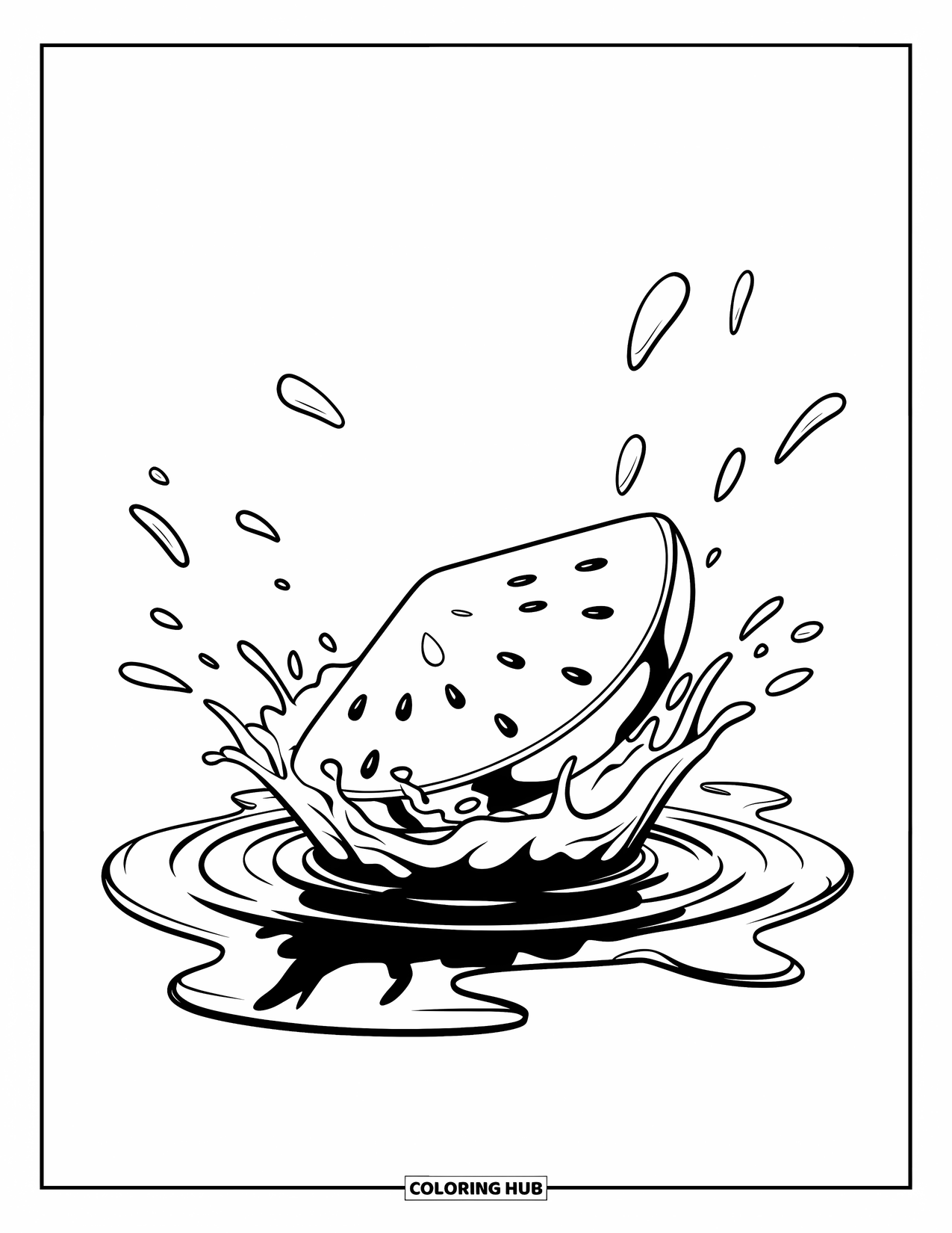 Watermelon Coloring Page for Kids: A watermelon slice makes a splash, with rippling water and seeds scattered in the air
