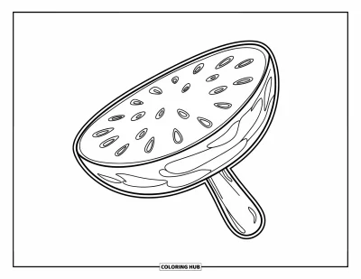 Coloriage Pastèque pour enfants : Une tranche de pastèque sur un bâton, conçue comme une sucette glacée, avec des graines visibles