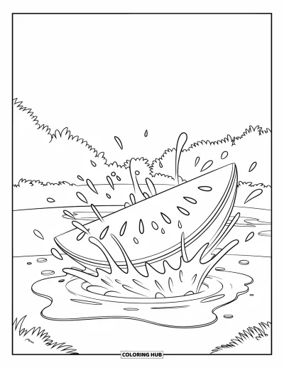 Coloriage Pastèque pour enfants : Une tranche de pastèque éclabousse dans l'eau, avec des gouttelettes et des graines volant dans toutes les directions