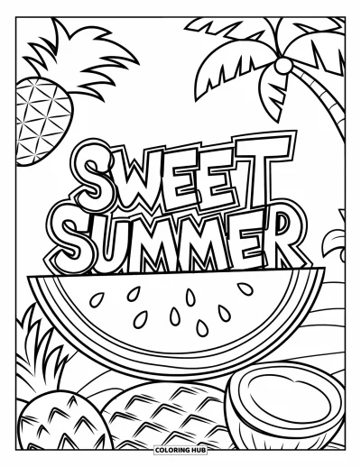 Coloriage Pastèque pour enfants : Une tranche de pastèque avec « Sweet Summer » en style graffiti, à côté d'un ananas et d'un palmier