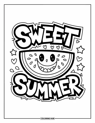 Coloriage Pastèque pour enfants : Une pastèque avec un visage souriant, entourée du texte « Sweet Summer » et de motifs amusants