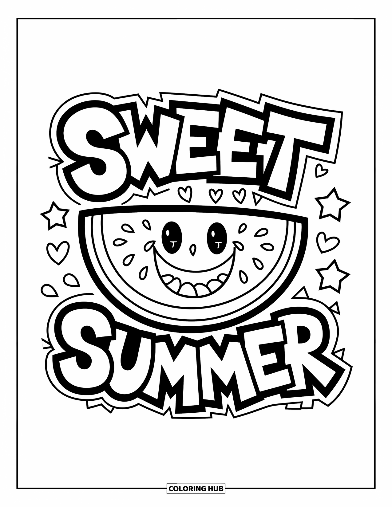 Watermelon Coloring Page for Kids: A watermelon with a smiley face, surrounded by "Sweet Summer" text and fun patterns