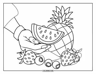 Coloriage Pastèque pour enfants : Une main portant un bracelet tient une tranche de pastèque, entourée de fraises et de myrtilles
