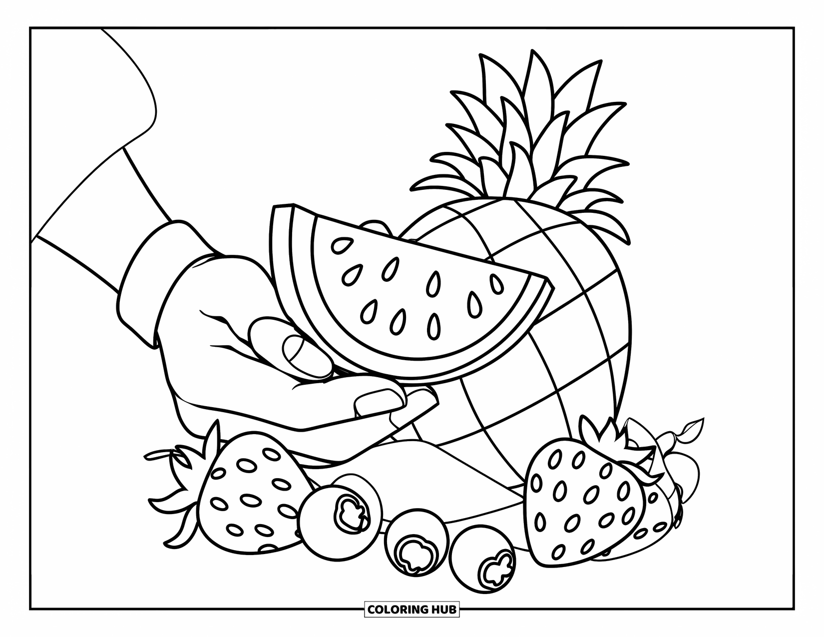 Watermelon Coloring Page for Kids: A wristband-wearing hand holds a watermelon slice, surrounded by strawberries and blueberries