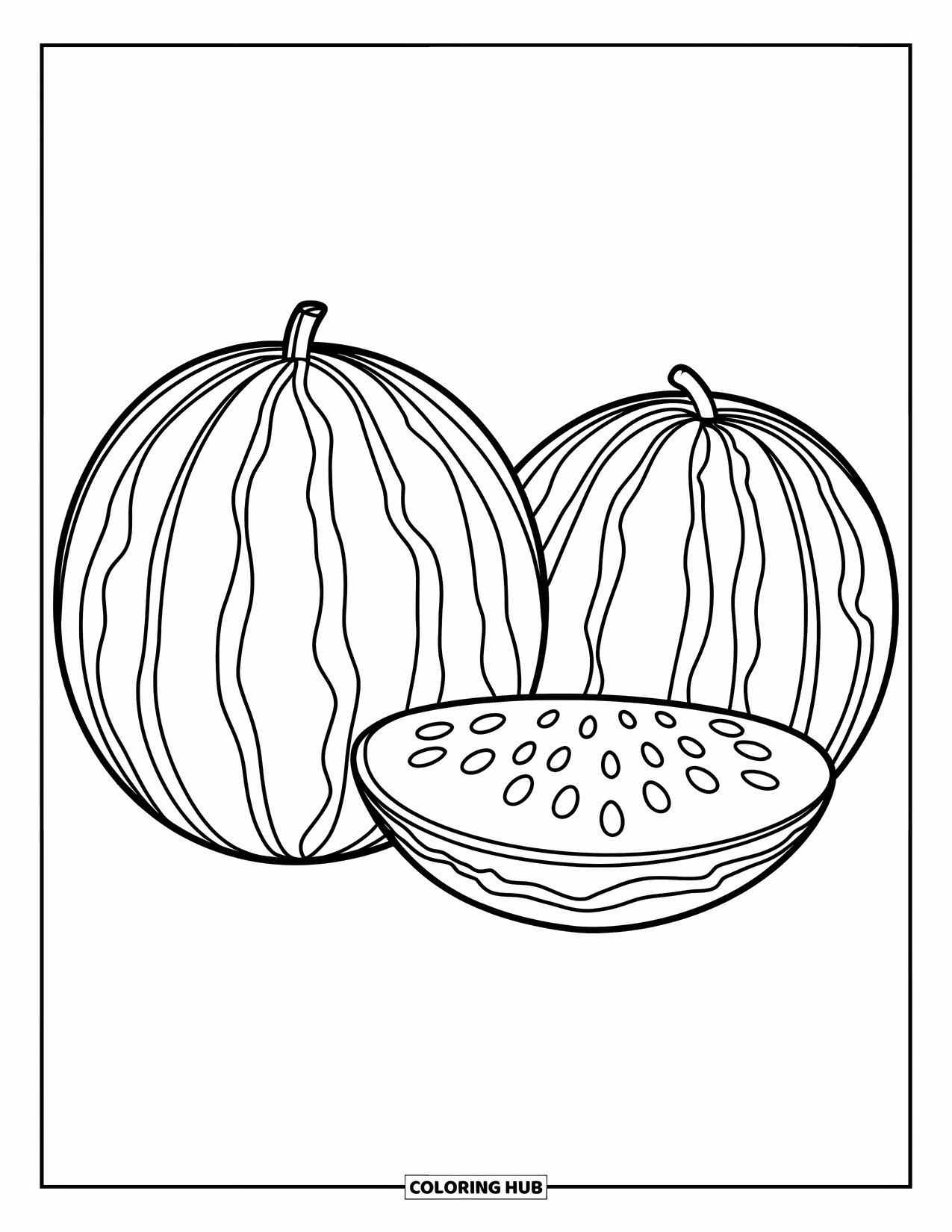 Watermelon Coloring Page for Kids: Two watermelons sitting together, one revealing its juicy interior with bold, clear details