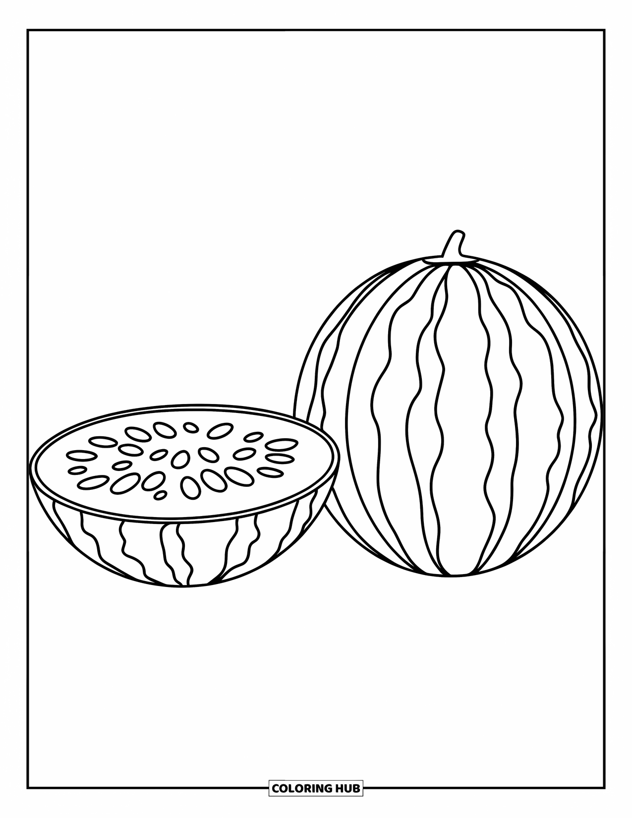 Watermelon Coloring Page for Kids: Two whole watermelons side by side, one cut open revealing juicy flesh and seeds