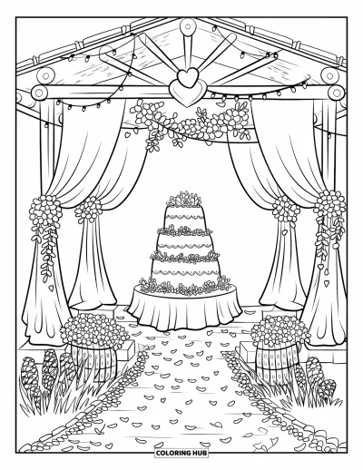 Wedding Cake Coloring Page for Adults: A beautifully tiered wedding cake under a garden pavilion with floral garlands and twinkling lights