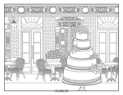 Wedding Cake Coloring Page for Adults: A classic wedding cake in a Parisian café setting with brick walls and decorative elements