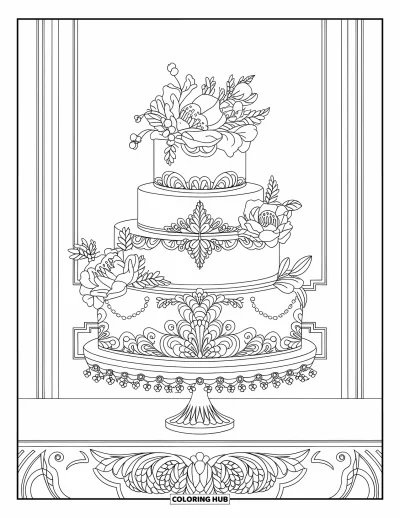 Wedding Cake Coloring Page for Adults: A classic wedding cake with baroque-style patterns, filigree details, and pearl decorations
