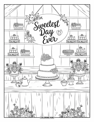 Wedding Cake Coloring Page for Adults: A cottage bakery wedding cake display with shelves of treats and a hand-painted sign