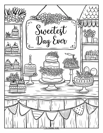 Wedding Cake Coloring Page for Adults: A cozy cottage bakery wedding cake display with dessert shelves, floral decor, and a sweet sign