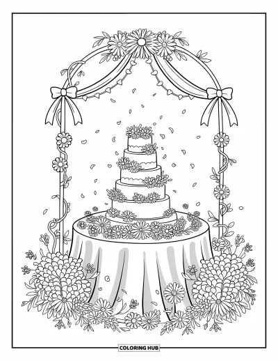 Wedding Cake Coloring Page for Adults: A dreamy wedding cake scene with a floral arch, delicate vines, and falling petals