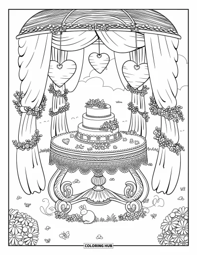 Wedding Cake Coloring Page for Adults: A dreamy wedding cake setup in a gazebo adorned with soft drapes, lanterns, and flowers