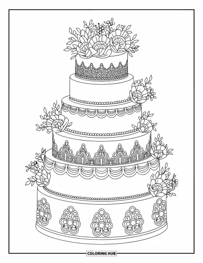 Wedding Cake Coloring Page for Adults: A five-tier wedding cake with filigree details, lace piping, and floral embellishments
